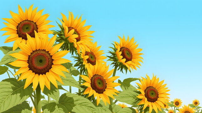 Sunflower Field in Sunlight: The image presents a cheerful collection of sunflowers, their bright yellow petals radiating under a clear, sunny sky.