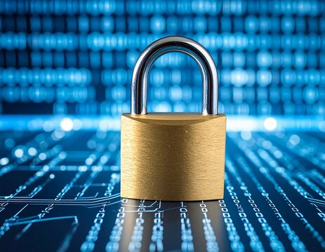 Brass padlock on a circuit board, binary code backdrop