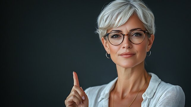 Confident mature woman pointing upwards.