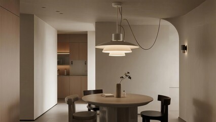 Modern minimalist dining area with sleek furniture and soft lighting