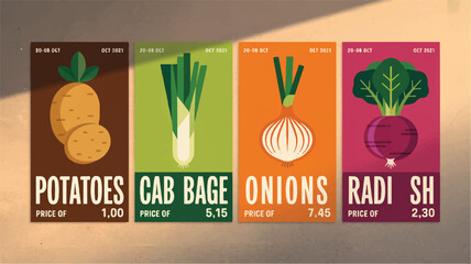 Four vertically aligned flat design vegetable price posters potatoes cabbage onions radish vegetables