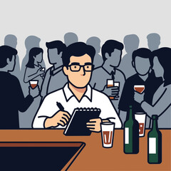 Person taking notes at bar with people drinking beers and bottles.
