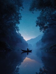 Fototapeta premium Silhouetted figure in a boat on a still night river