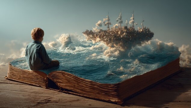 A child sits on an open book, gazing at a fantastical city afloat on a sea of clouds