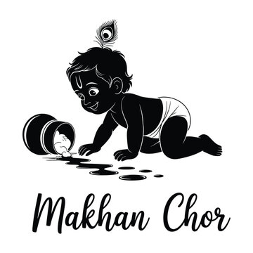 Baby Krishna Makhan Chor Crawling with Spilled Butter Pot and Peacock Feather hinduism