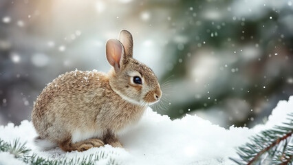 Cute bunny perched on snow with soft winter light. Seasonal wildlife portrait.