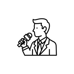 Person in suit holding microphone speaking or singing line art icon.