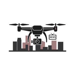 Fototapeta premium Drone with camera flies over city buildings capturing news broadcast on screen.