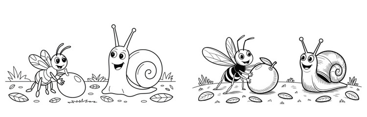 Cartoon Snail and Bee Pushing a Ball and an Apple Together in Outline insect animal