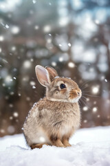 Baby rabbit sitting quietly in snow with soft winter bokeh background.