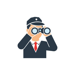 Man in suit and cap looks through binoculars.