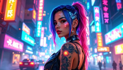 Obraz premium Cybernetic Woman with Glowing Implants and Vibrant Neon Hair in a Future City
