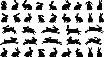 Rabbit silhouette collection, 35 poses, sitting, standing, jumping, black vector, bunny, animal design, nature, wildlife, motion, cute