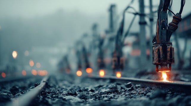An intricate industrial scene with electrical cables suspended over railway tracks,