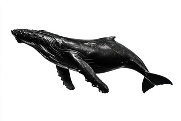 Fototapeta premium Black whale swimming gracefully on white background, showcasing the beauty and majesty of marine life in a minimalist design