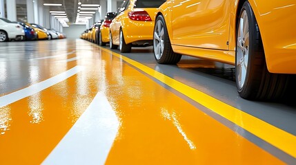 Polished garage floor with directional markings and yellow vehicles.
