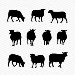 A collection of ten black sheep silhouettes in various poses, including standing, walking, and grazing.