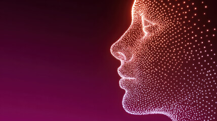 Digital face composed of glowing particles in profile with vibrant purple background