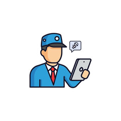 Person in uniform holds tablet with speech bubble icon above it.