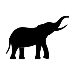 Black Elephant Silhouette Icon with Raised Trunk, Black silhouette of an elephant standing with its trunk raised, symbolizing wildlife, strength, and safari themes on white background.
