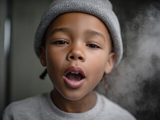 Boy singing loudly while applying toner in steamy mirror
