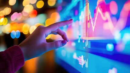 A hand reaches toward a vibrant, digital graph display, showcasing fluctuating data amidst a blurred, colorful background.