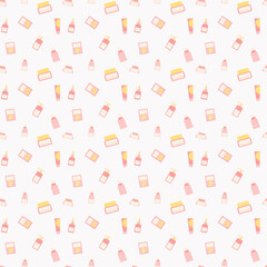 artistic composition of skincare essentials, a delicate seamless pattern of cosmetic beauty products.