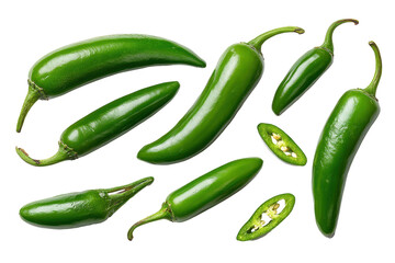 Fresh green jalapenos arranged on a white background highlighting their vibrant color and smooth texture
