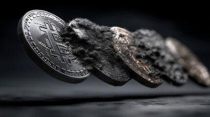 A row of Bitcoin coins with the first one shiny and clean while others show erosion,