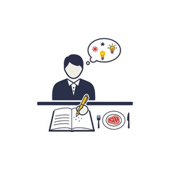 Person at table with book pen and plate thinking about ideas.