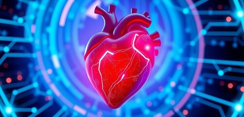 Stylized healthy heart glowing on futuristic blue tech background,  energy,  wellness