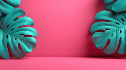 A vibrant pink background with large turquoise monstera leaves framing the scene, creating a modern and tropical aesthetic.