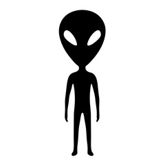 Black silhouette of a classic grey alien standing on a white background