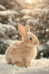 Fluffy rabbit in snow with dreamy winter forest background. Seasonal nature.