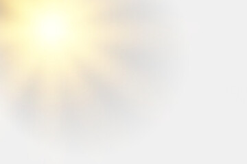 Glowing sunburst light effect. Soft golden flare with radial blur. Bright sunlight halo on white background.