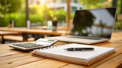 An organized outdoor workspace with a spiral bound notebook, black pen, closed laptop, and calculator on a wooden table,