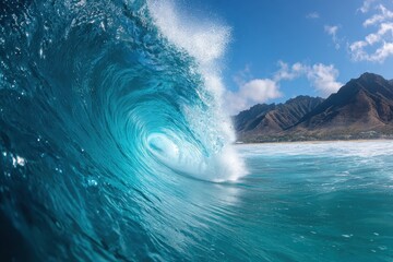 Majestic waves crashing against the north shore of Oahu, Hawaii, creating a breathtaking display of nature's power and beauty under a clear blue sky