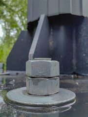 Two metal nuts, meticulously stacked on a washer, display industrial texture and a touch of wetness.