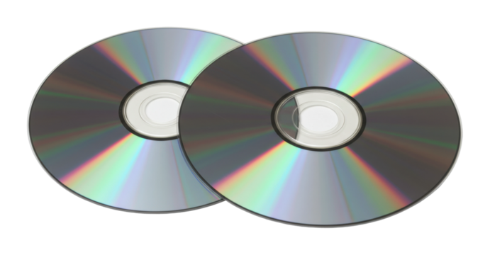 Two reflective compact discs with rainbow pattern. Cut out PNG