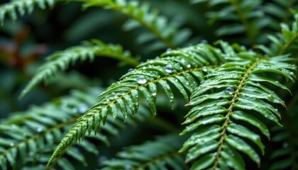 Close-Up of Fresh Green Fern Leaves with Water Drops Captured in Natural Outdoor Setting