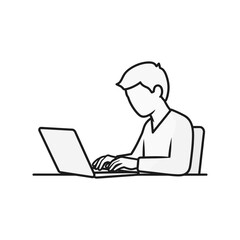 Person sits at a desk using a laptop computer in a line drawing.