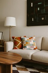 Modern Living Room with Beige Sofa, Colorful Pillows, and Wooden Coffee Table