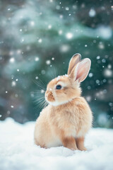 Cute rabbit standing alert in snowy forest during winter. Wildlife portrait.