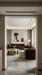 Modern Living Room with Warm Lighting and Artistic Wall Decor