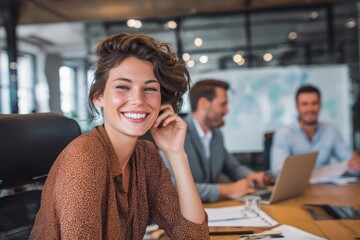 Obraz premium Happy young businesswoman enjoys her work at a modern office while collaborating with colleagues in the background during a productive meeting