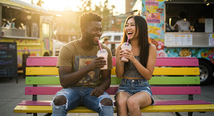 Couple laughing and sharing a milkshake in front of a food truck