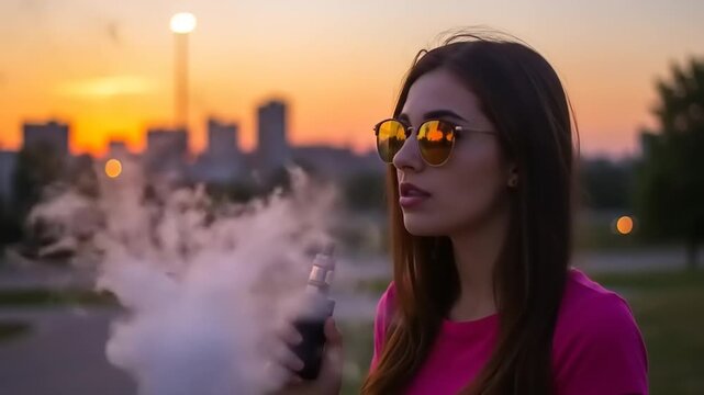 sativa vape kaufen Woman Vaping Sunset Cityscape
