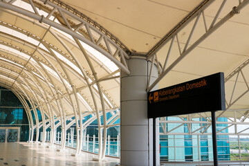 Various signboard at theairport. Trolley, Domestic Arrival, Gates, Exit door, Taxi reservation, Prayer Room, Train, Quite Zone