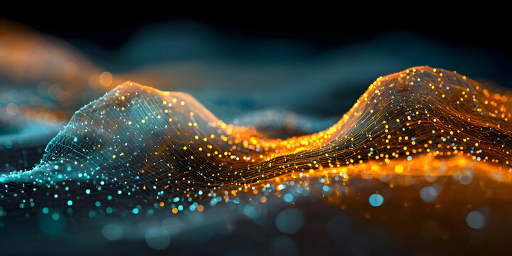 Futuristic Data Landscape of Glowing Mesh Waves in Orange and Teal.