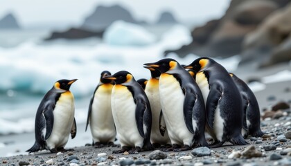 Obraz premium Group of King Penguins Standing Together on a Rocky Beach Near the Ocean Shoreline